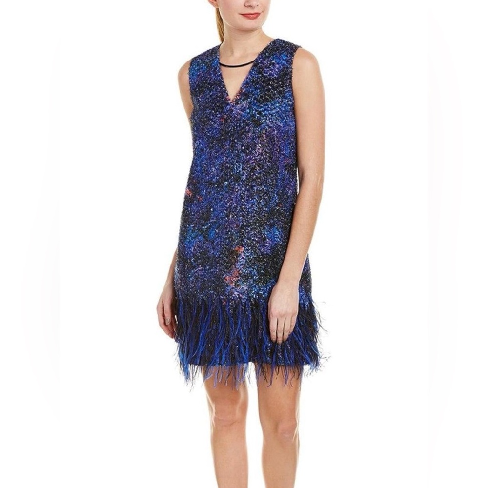 Elie Tahari Midnight Blue Feather-Trim V-Neck Shift Dress